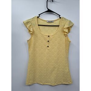 Vertiche M Eyelet Lace Top Women Yellow Flutter Sleeve Henley Scoop Neck Casual